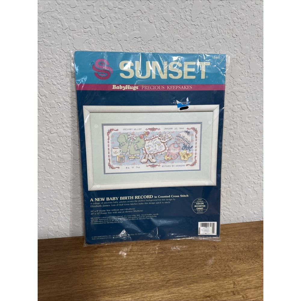 Vintage Sunset Baby Hugs New Baby Birth Record Counted Cross Stitch Kit 13565